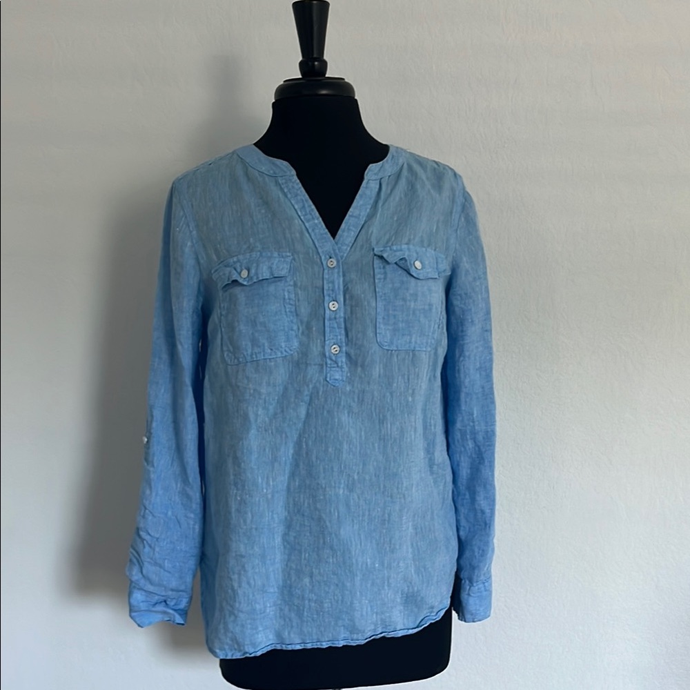 Talbots Sky Blue Linen Blouse - Picture 2 of 14